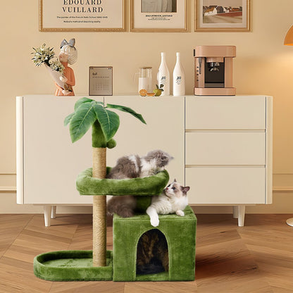 31.5" Cat Tree Cat Tower for Indoor Cats with Green Leaves, Cat Condo Cozy Plush Cat House with Hang Ball and Leaf Shape Design, Cat Furniture Pet House with Cat Scratching Posts, Green