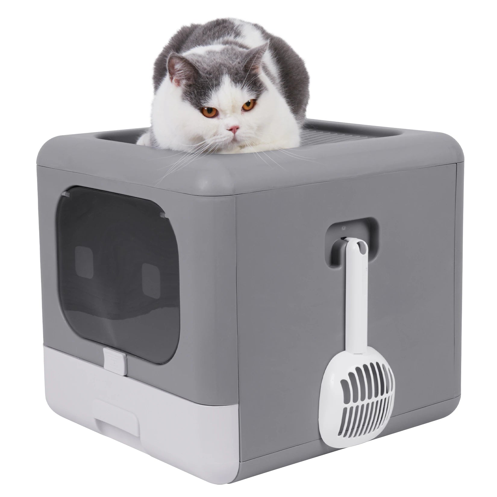 Cat Litter Box Foldable Top Entry Litter Box with Cat Litter Scoop Drawer for Medium and Large Cats