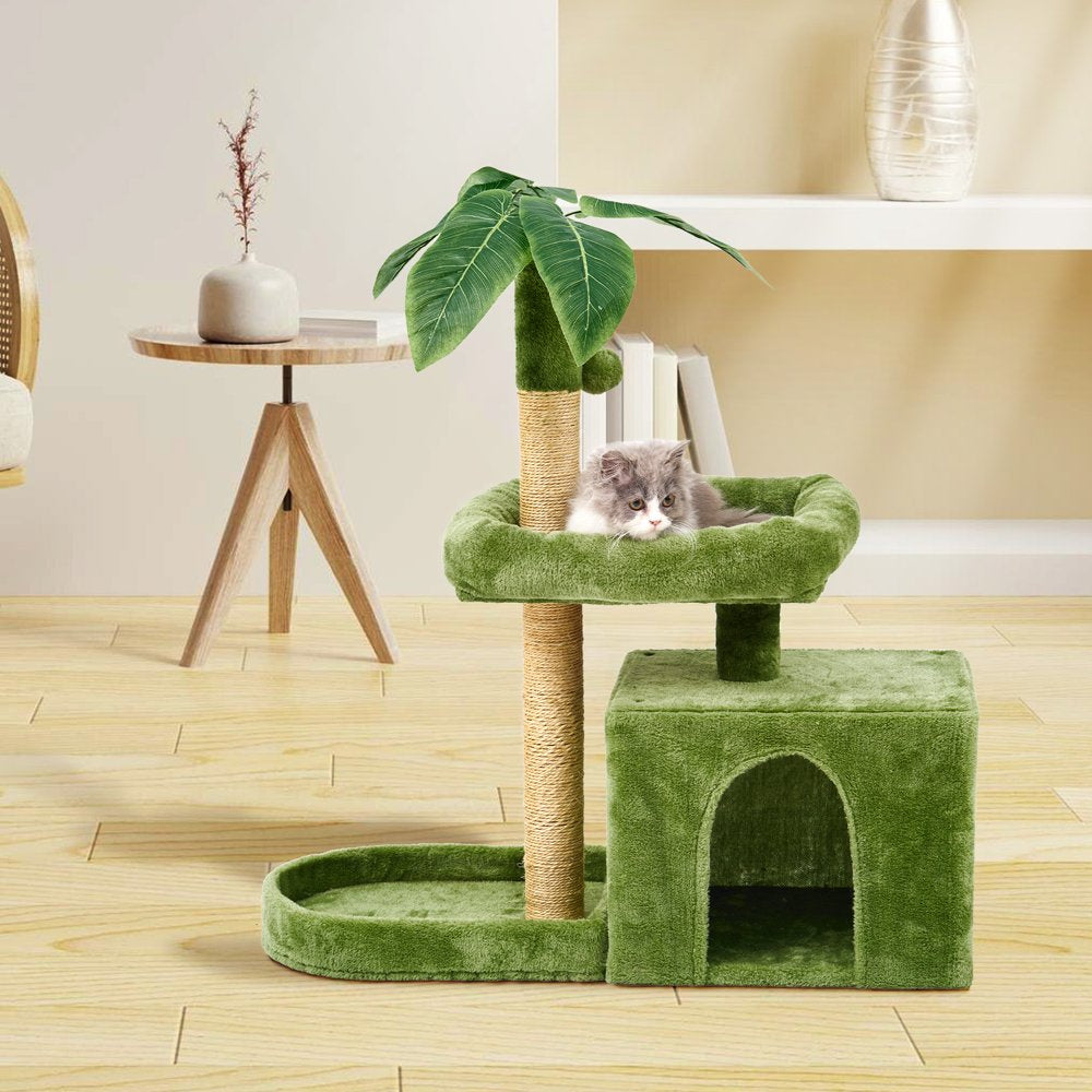 31.5" Cat Tree Cat Tower for Indoor Cats with Green Leaves, Cat Condo Cozy Plush Cat House with Hang Ball and Leaf Shape Design, Cat Furniture Pet House with Cat Scratching Posts, Green