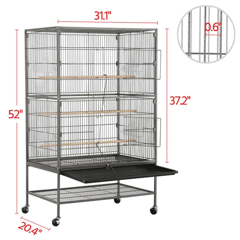 Metal 52-Inch Large Rolling Bird Cage with 3 Perches 4 Feeders