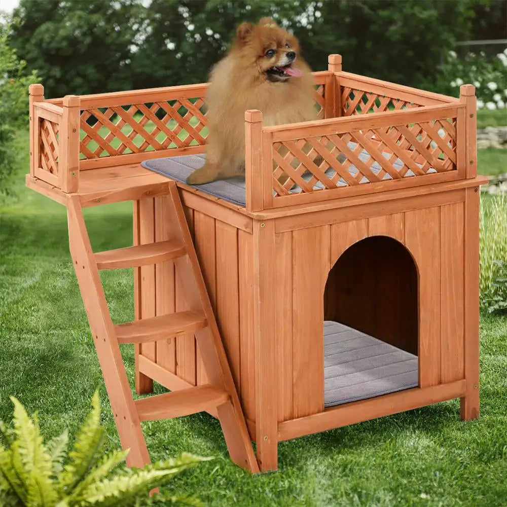 Costway Wooden Puppy Pet Dog House Wood Room In/Outdoor Raised Roof Balcony Bed Shelter